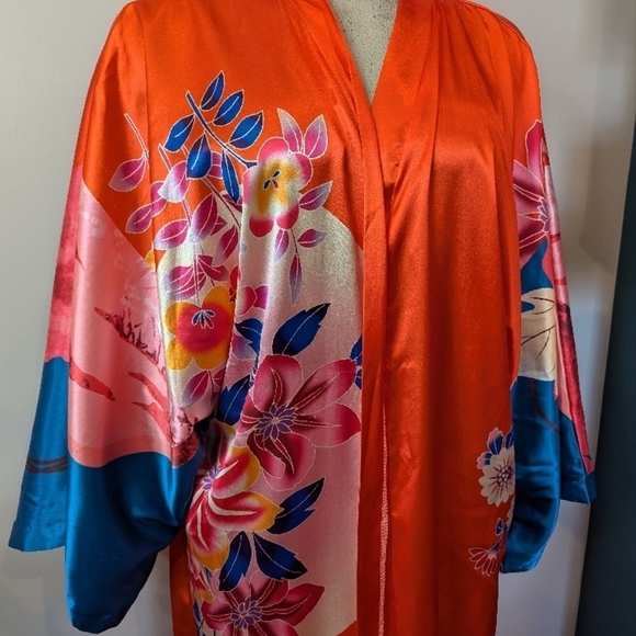 Vintage Floral Kimono in orange teal blue and pink One size fits most - Picture 5 of 16